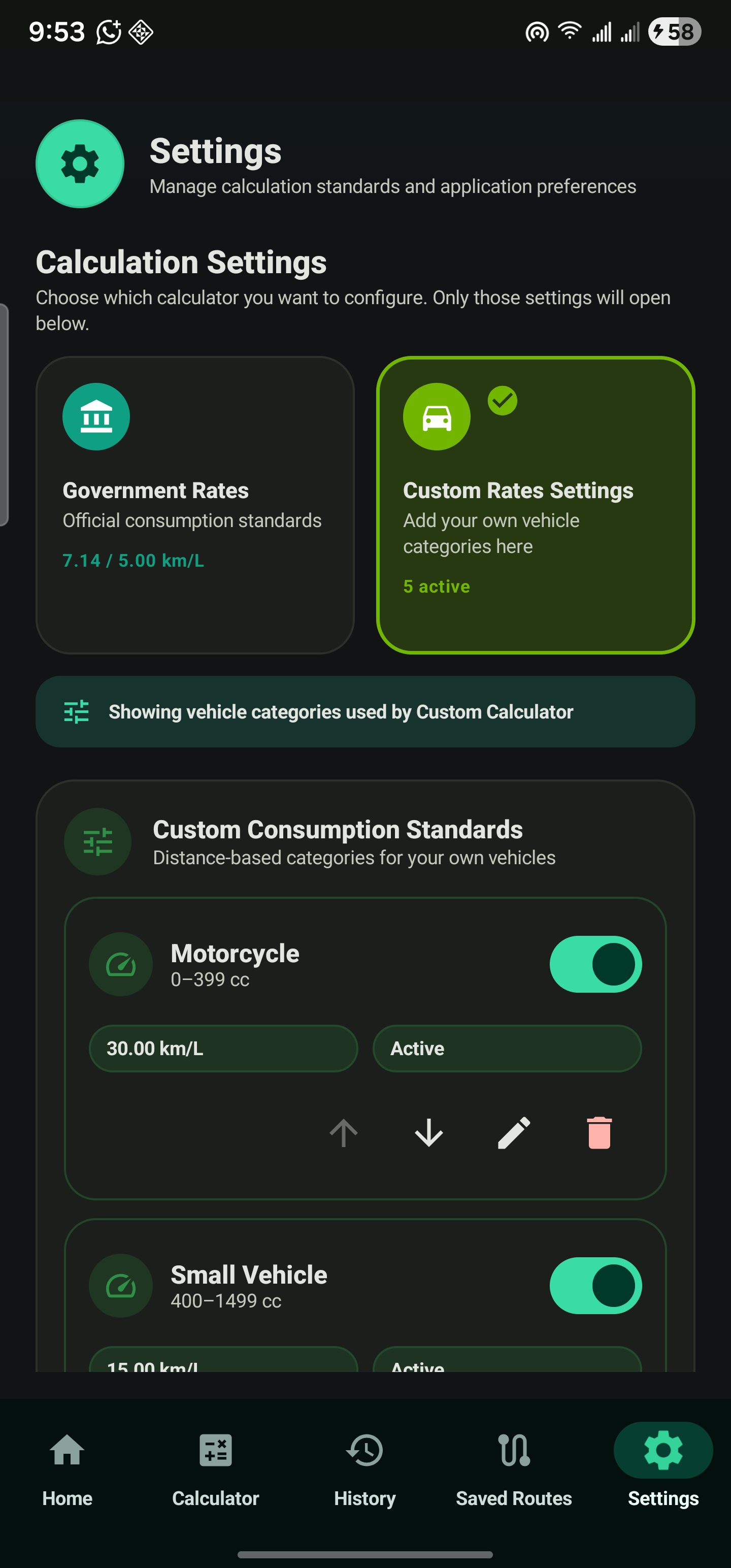 Fuel Calculator MW Custom Rates Settings selected with vehicle categories