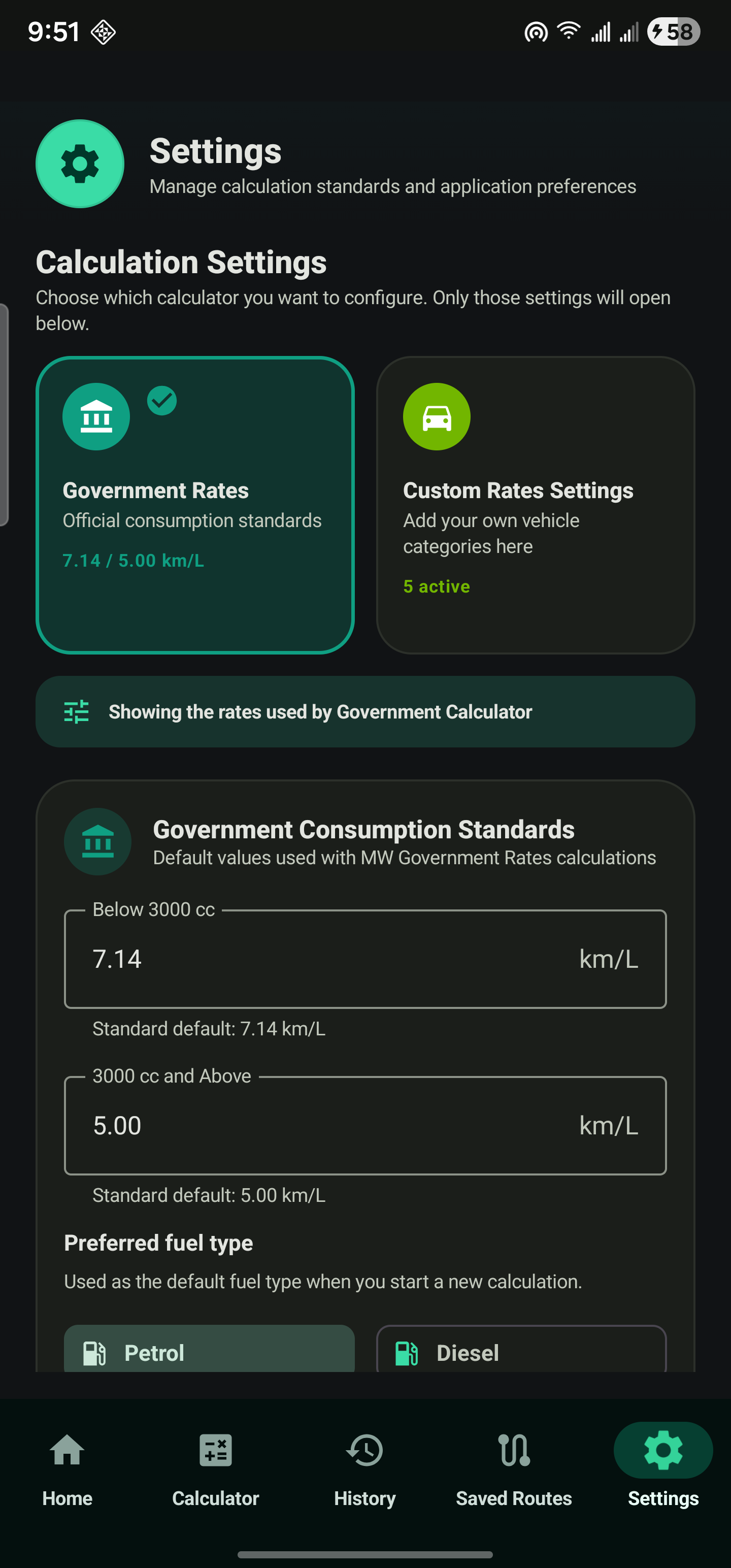 Fuel Calculator MW Government Rates settings selected